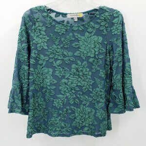 Figueroa & Flower Velvet Burnout Top Size S Petite Green Teal Floral Bell Sleeve